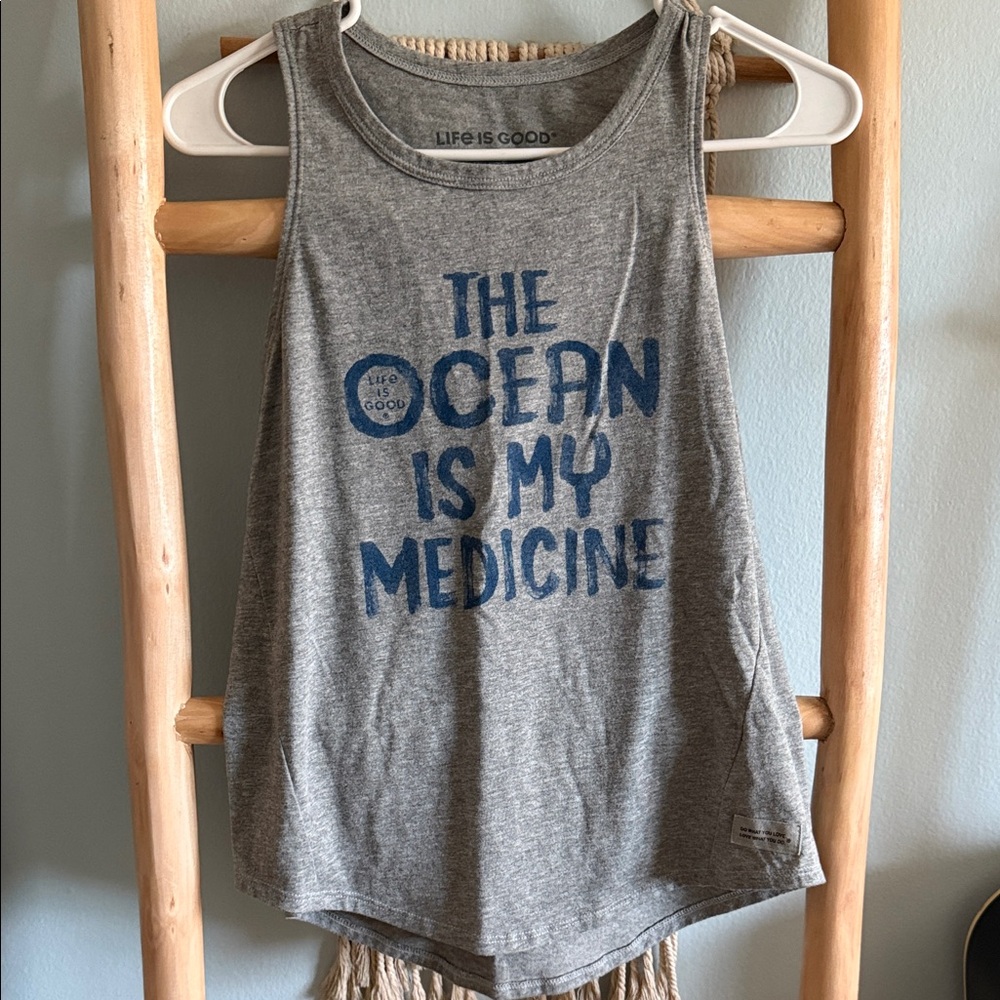 Life Is Good Gray Tank with Blue Ocean Text